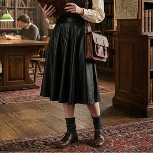Quinn Black Vegan Leather Midi Skirt - Flared A-Line - Size S